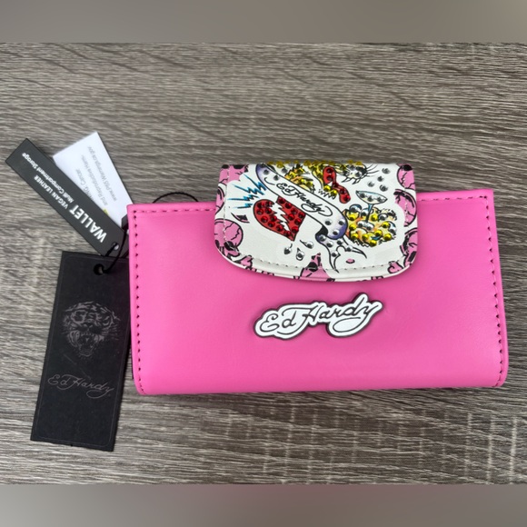 Ed Hardy Handbags - Ed Hardy Hot Pink Leather Wallet with White Tattoo-Flap